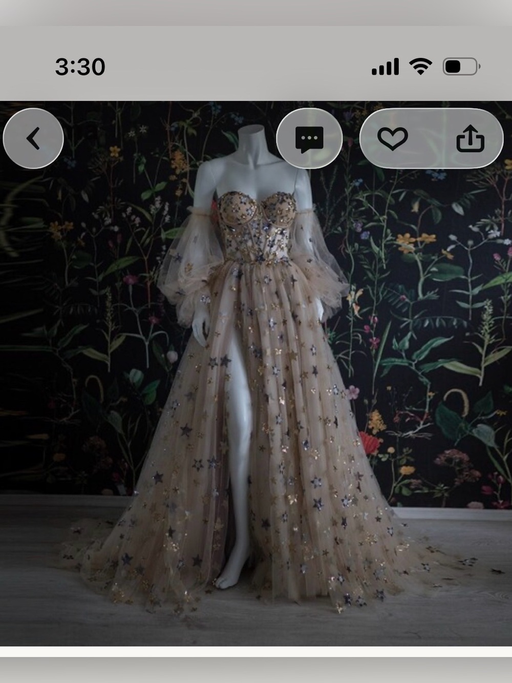 Off-Shoulder Champagne Tulle Gown with Star Embellishments.